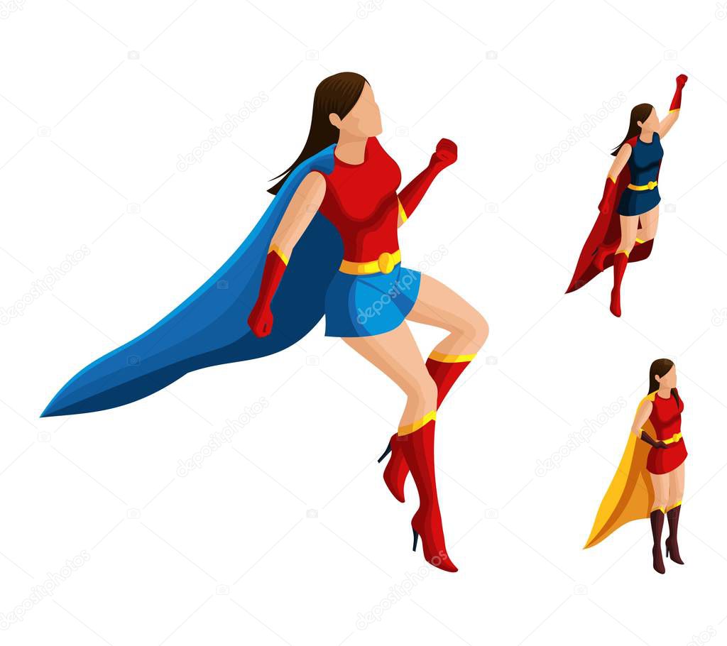 Isometry A set of superhero girls in different suits, fly, cloak develop, 3D woman, heroes, rescuers. Vector illustration