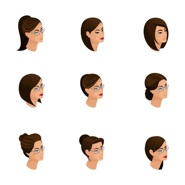 Isométriques icônes de coiffures de tête, visages 3D, yeux, lèvres, émotions féminines. Isométrie qualitati des personnes pour les illustrations vectorielles — Image vectorielle