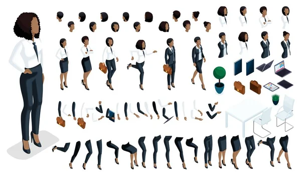 Große isometrische Reihe von Handgesten und Beinen von afrikanisch-amerikanischen Frau 3d Business Lady. Erstellen Sie Ihren isometrischen Büroarbeiter für Vektorillustrationen — Stockvektor