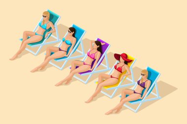 Trendy izometrik vektör insanlar, bir kumsalda güneşlenme şezlonglar 3d kızlar. Kız plaj vektör çizim için farklı mayo olarak ayarla