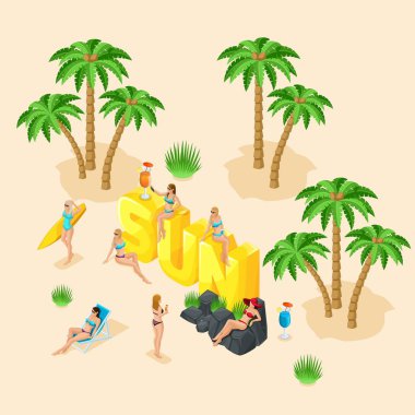 İnsanlar vektör izometrik çizgi film, 3d kız mayolar, harika kelime güneş, gevşeme, palmiye ağaçları, içecekler, deniz, plaj güneş parlak yaz vektör çizim taş