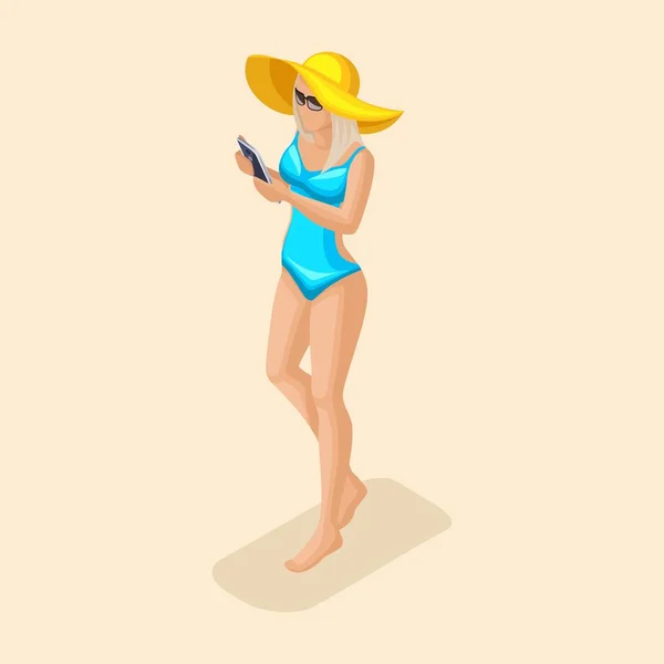 Moderno vector de personas isométricas, morena chica 3d en un traje de baño brillante y un hermoso sombrero con un teléfono inteligente, ilustración vector de Internet — Archivo Imágenes Vectoriales