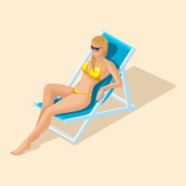 Isometrische Cartoon-Vektor Menschen, 3d Mädchen in einem hellen Badeanzug auf einer Liege, Strand, Strand, Sonnenbaden Urlaub, sexy Mädchen Vektor Illustration — Stockvektor