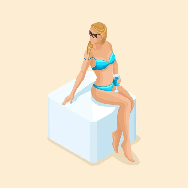 Trendy isometric vector people, 3d girl blonde in a bright bathing suit, sitting on a chair with a glass of cocktail on the beach vector illustration — Stock Vector