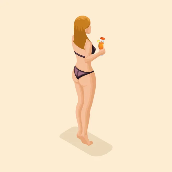 Trendy isometrische mensen vector, 3d meisje roodharige in een heldere badpak, met een glas cocktail op het strand achteraanzicht vectorillustratie — Stockvector