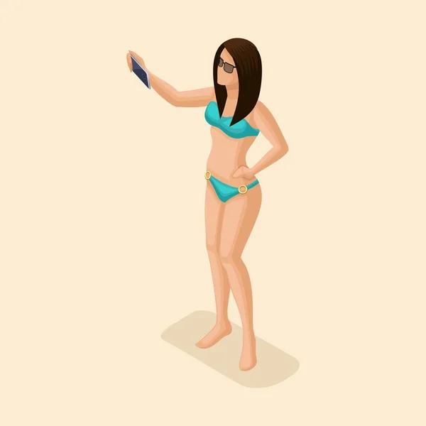 Vetor de pessoas isométricas na moda, morena 3d Girl em um maiô brilhante, com selfie de ilhas na praia para publicação em ilustração de vetor de rede social — Vetor de Stock