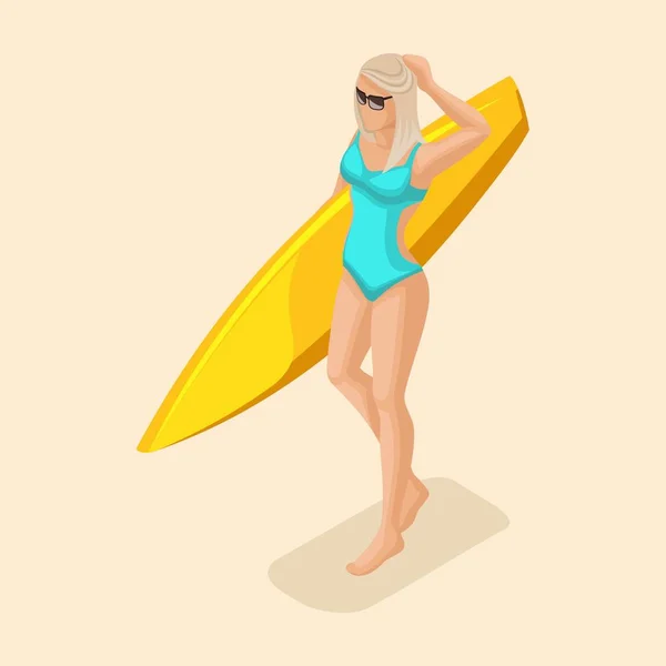 Trendy isometrische vector mensen, 3d meisje Blond in een turquoise zwembroek, bril gaat langs het strand met een gele surfplank vectorillustratie — Stockvector