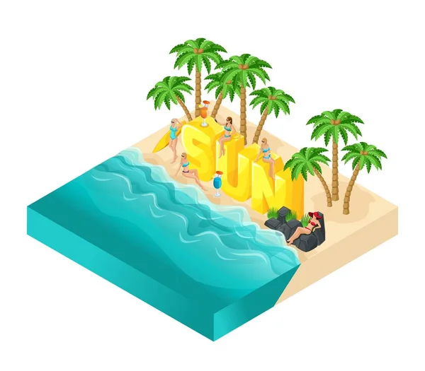 Isometric dessin animé gens vecteur, fille 3d en maillots de bain, grand mot Soleil, détente, palmiers, boissons, mer, plage soleil brillant été vecteur illustration — Image vectorielle