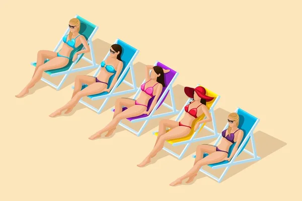 Pessoas de vetor isométrico na moda, meninas 3d em uma praia arenosa, em espreguiçadeiras banhos de sol. Conjunto de meninas em trajes de banho diferentes para ilustração de vetor de praia — Vetor de Stock