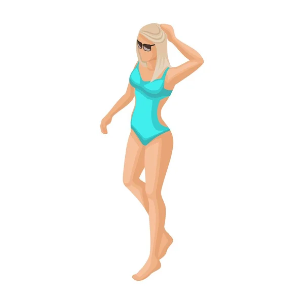 Pessoas vetor isométrico na moda, 3d menina loira em um maiô turquesa está andando ao longo da ilustração vetor praia — Vetor de Stock