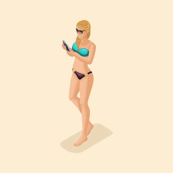 Las personas de moda vector isométrico, 3d chica rubia en un traje de baño brillante, con gafas va a lo largo de la playa con un teléfono inteligente, ilustración de vectores de Internet — Archivo Imágenes Vectoriales