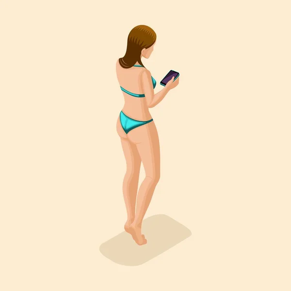 Vetor de pessoas isométricas na moda, 3d Girl morena em maiô brilhante, com um smartphone na praia vista traseira ilustração vetorial — Vetor de Stock