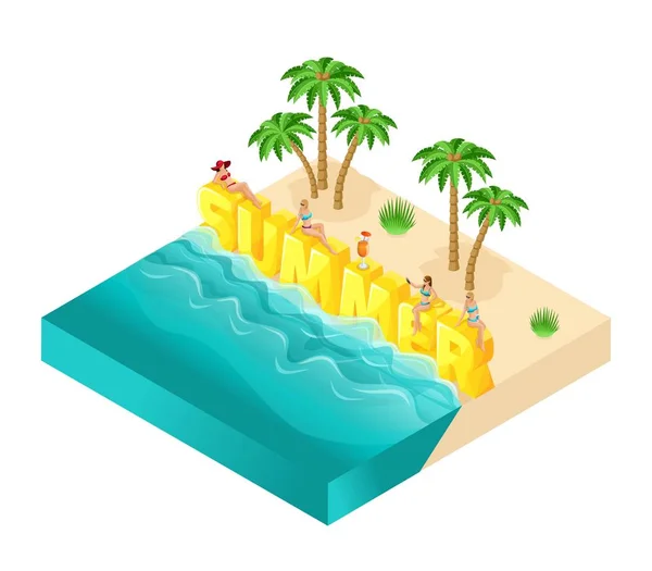 Isometric Cartoon people vector, 3d girl in bathing suits, great summer word, beach recreation, sand, palm trees, drinks, sea, sun bright summer vector illustration — Stock Vector