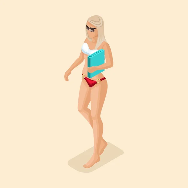 Moderno vector de personas isométricas, 3d chica rubia en traje de baño brillante, con una toalla en las manos vector ilustración — Archivo Imágenes Vectoriales