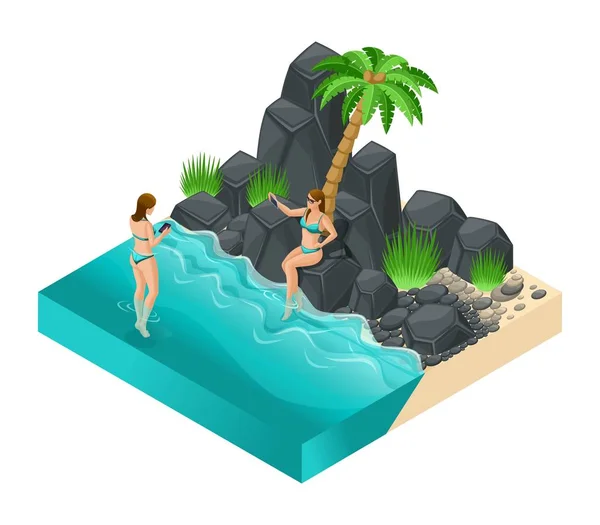 Trendy Isometric vector people, 3d girls on a stone beach in bathing suits sunbathing. Holiday, tour, travel, palm trees vector illustration — Stock Vector