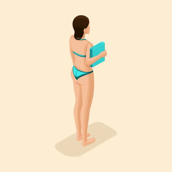 Moderno vector de personas isométricas, 3d chica morena en traje de baño brillante, con una toalla en las manos vista trasera vector ilustración — Archivo Imágenes Vectoriales