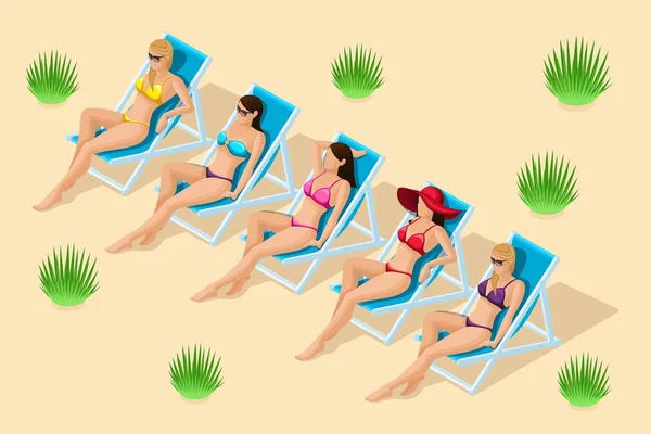 Trendy Isomtric people vector, Conjunto de chicas 3D en una playa de arena, en tumbonas tomando el sol, en trajes de baño diferentes, en un sombrero para ilustraciones de vectores de playa — Archivo Imágenes Vectoriales