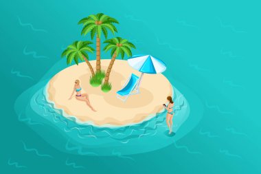 İzometrik karikatür vektör insanlar, deniz parlak yaz vektör çizim ortasında ıssız bir adada bir mayo içinde 3d kız