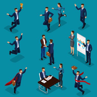 İzometrik karikatür insanlar, 3d iş adamları, kavramları bir iş adamı ve iş Bayan ile bir dizi toplantı beyin fırtınası vektör çizimler için çalışan üzüntü sevinç