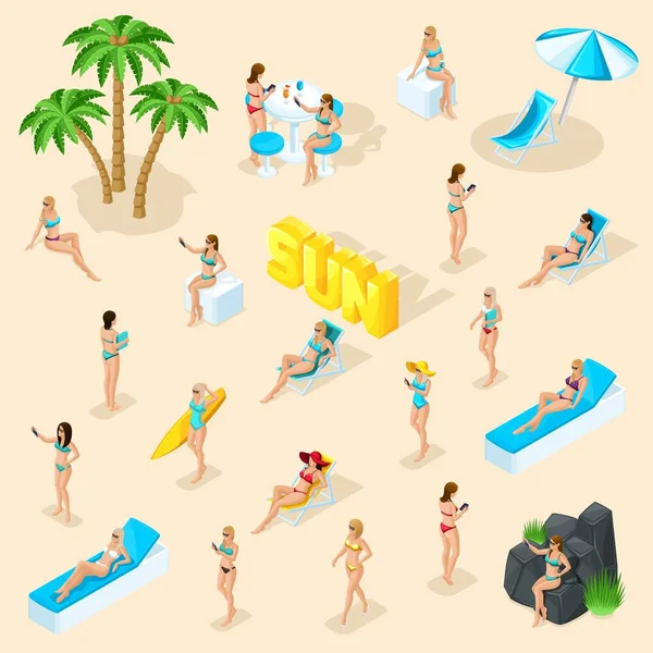 Ізометричний мультфільм Векторні люди, встановити 3d дівчину в купальних костюмах пляж, засмагати, каміння, велике слово сонячне літо Векторні ілюстрації — стоковий вектор