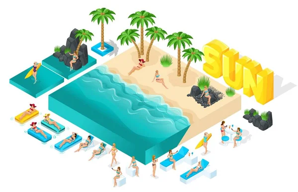 Ізометричний мультфільм Векторні люди, 3d дівчина в купальних костюмах, великий набір елементів для створення її пляжу з красивими морськими хвилями яскраве літо Векторні ілюстрації — стоковий вектор