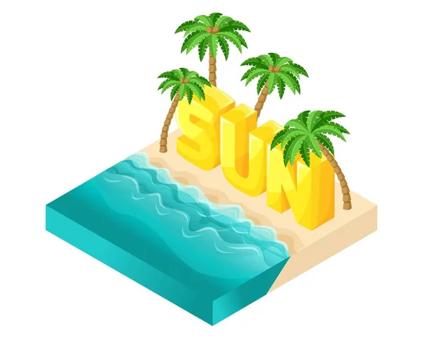 Isométrica gente vector de dibujos animados, 3d letras palabra sol, playa con hermosas olas del mar y grandes palmeras brillante vector de verano ilustración — Vector de stock