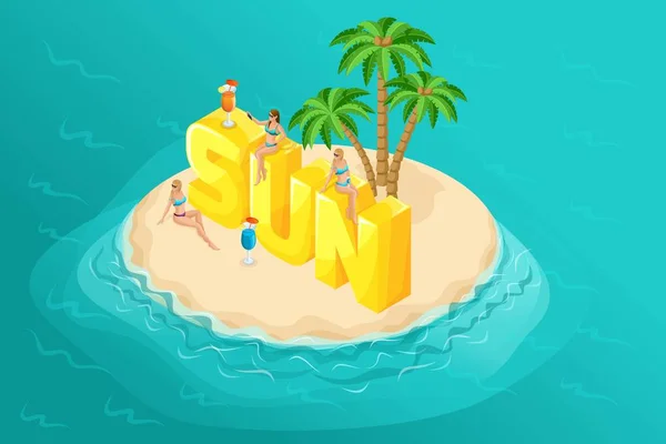 Isometrisk cartoon människor vektor, som 3d flicka i baddräkter, konceptet på havet stranden bra ord solen sommaren vektorillustration — Stock vektor
