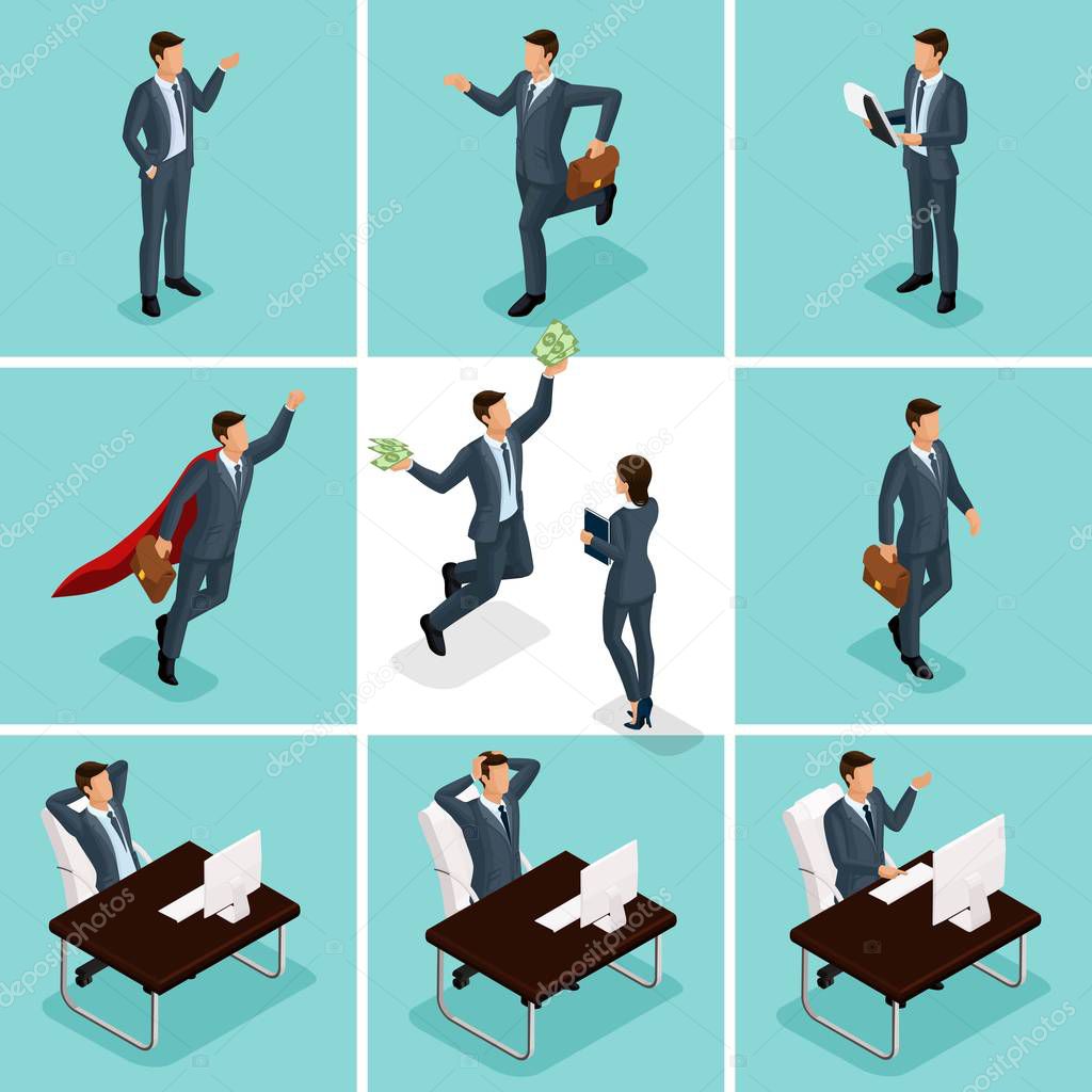 Isometric cartoon people, 3d businessmen, a set of concepts with a businessman and a business lady, a man enjoying money for vector illustrations
