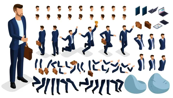 Isometric cartoon people, 3D Set for creating an office worker character. Full length gestures isolated on white background. Create your own design for vector — Stock Vector