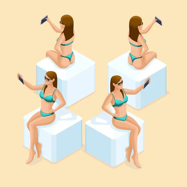 Chica isometría vista frontal vista trasera, 3d carácter para la playa en traje de baño hace selfie. Cree su persona isométrica para ilustraciones vectoriales — Archivo Imágenes Vectoriales