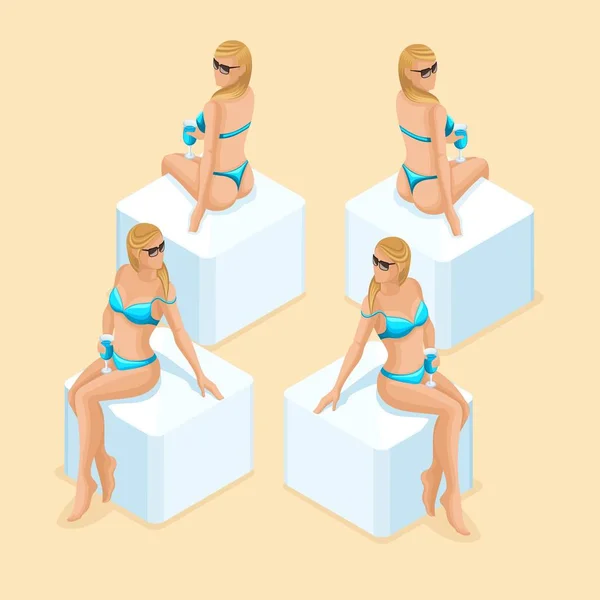 Chica isometría vista frontal vista trasera, 3d carácter para la playa en traje de baño. Cree su persona isométrica para la ilustración vectorial — Archivo Imágenes Vectoriales