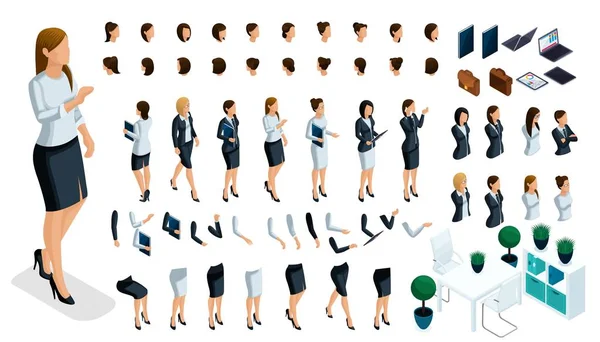 Große isometrische Hand- und Fußgesten einer Frau, um eine 3D-Business-Lady-Figur zu schaffen. Erstellen Sie Ihre isometrische Person für Vektorillustrationen — Stockvektor