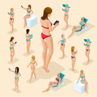 İzometrik insanlar kız set, sahilde 3d kadınla, harika seçim, önden görünüm arkadan görünüm, ayakta, otururken, güneşlenme yatakları, kızlar mayo yaz vektör çizim için yalan