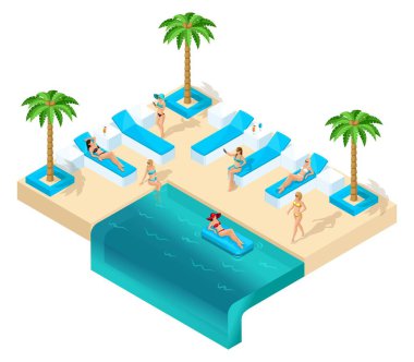 İsometry tatil, kızın kadınlar 3d, tavuk parti Resort güzel otel dinlenme yüzme havuz kenarında lounge alanında. Avuç içi, kum, deniz, güzel tarzlar, kokteyller