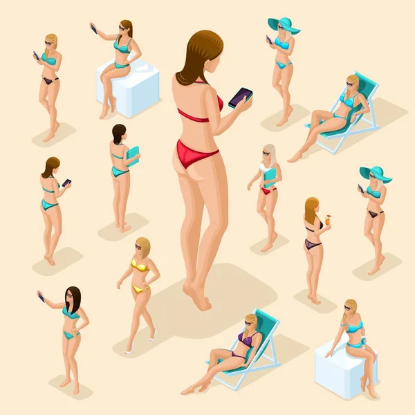 Conjunto de meninas isométricas, mulher 3D na praia, ótima escolha, vista frontal vista traseira, em pé, sentado, deitado em espreguiçadeiras, meninas em maiô para ilustração de vetor de verão — Vetor de Stock