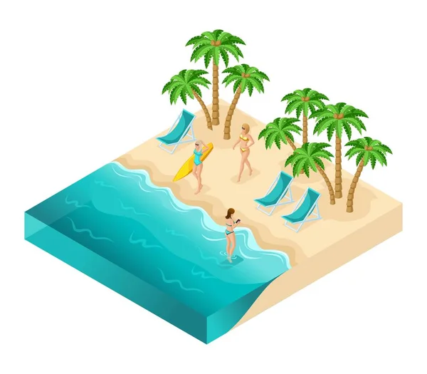 Isometric people girls, 3D tourists, girls relaxing on the ocean, beach, sand, palm trees, rest, sunbathing, women in swimsuits, surfboard, girls in the water — Stock Vector