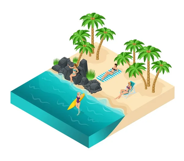 Isometric people of the girl, 3D tourists, girls rest on the beach of sefi on rocks, beach, sand, palms, rest, sunbathe, women in swimsuits, surfboard, girls in the water — Stock Vector