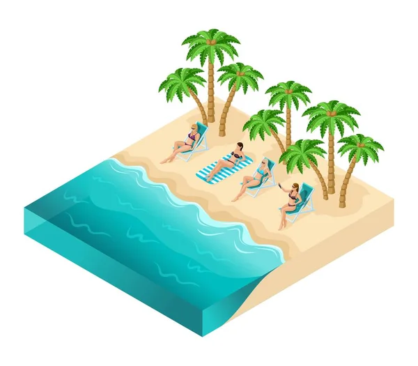 Isometric people girl, 3D tourists, girls relaxing on the ocean, beach, ocean, sand, palms, rest, sunbathing, women in bathing suits, vacation, isolated on white — Stock Vector