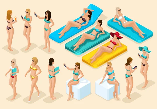 Isometry conjunto de chicas en trajes de baño para la playa, vista de la mujer 3d Vista frontal y trasera, de pie, sentado, acostado en el medidor. Detalle cualitativo moderno de — Archivo Imágenes Vectoriales