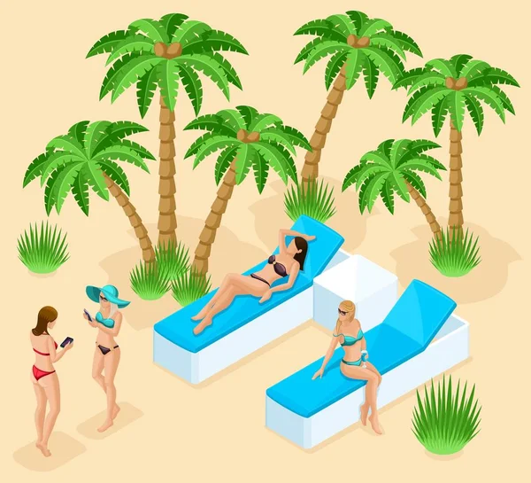 Isometrics of a girl in bathing suits for the beach, 3D women rest on the beach, a resort, the sea, palm trees, cocktails, sunbeds. Qualitative detailing of people — Stock Vector