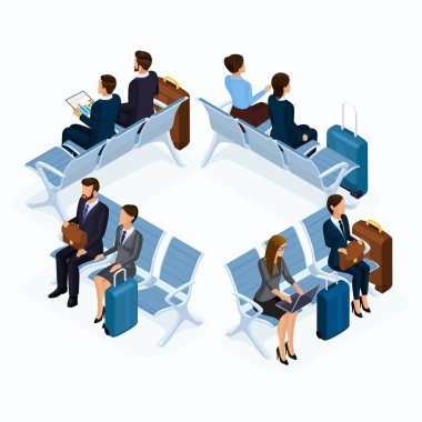Trendy insanlar izometrik vektör 3d genç, genç bir kız bir deri ceket, deri pantolon, şık giysiler, güzel kız, seyahat, tatil, Havaalanı, Bagaj, telefon internet sosyal ağlar