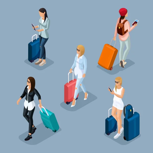 Trendy People Isometric vector 3D adolescent, une jeune fille dans une veste en cuir, pantalon en cuir, vêtements élégants, fille cool, voyageur, vacances, aéroport, bagages, téléphone internet réseaux sociaux — Image vectorielle