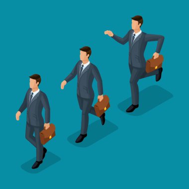 Trendy izometrik insanlar, 3d işadamları, hareket koşu, hızlı adım, hedef başarı, parlak mavi bir arka plan üzerinde izole evrak çantası ile genç işadamı.