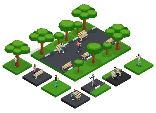 Isometric vector Fashion people, teenagers 3D icon set for creation of the park with people jogging, city park benches, fresh air insulated