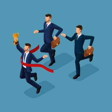 Trendy izometrik insanlar, 3d işadamları çalıştıran, başarı, Kupası, amacı, genç işadamı üzerinde mavi arka plan izole ulaşmasını Başlarken