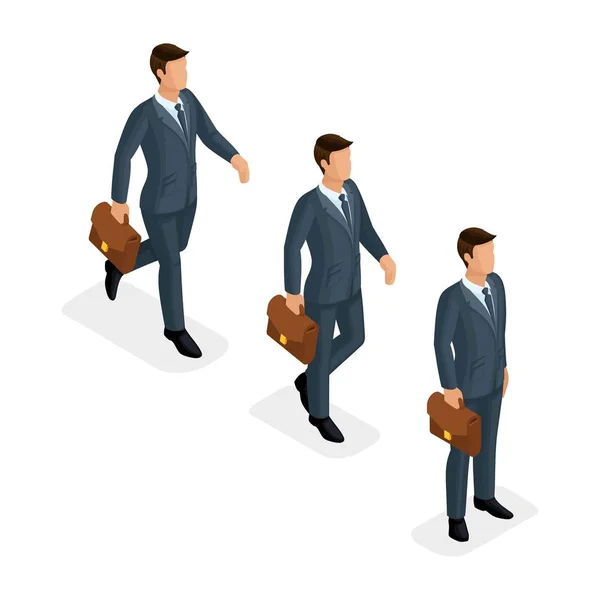Trendy isometric vector people, 3d business men, Motion run, fast step, idea, stands, young business with fcase isolated on white fone — стоковый вектор