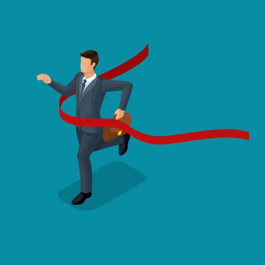 Trendy izometrik insanlar, 3d iş adamları, çalıştıran, rekabet, ilk olmak, başarı, genç işadamı, mavi bir arka plan üzerinde izole zafer hareket