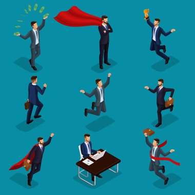 Trendy izometrik insanlar, 3d işadamı, genç işadamı, para, ödül, başarı, sevinç, iş, hareket, başlangıç parlak mavi arka plan üzerinde izole kavramı