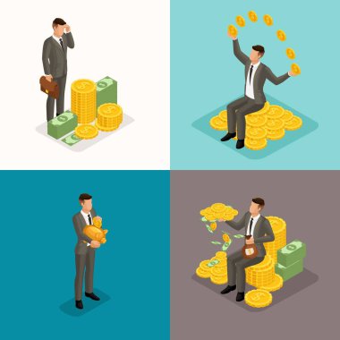 Trendy izometrik kavramı, 3d işadamı, genç işadamı, para, zenginlik, kazanç, para yönetimi, yatırım, izole mevduat ile 4 kavramları