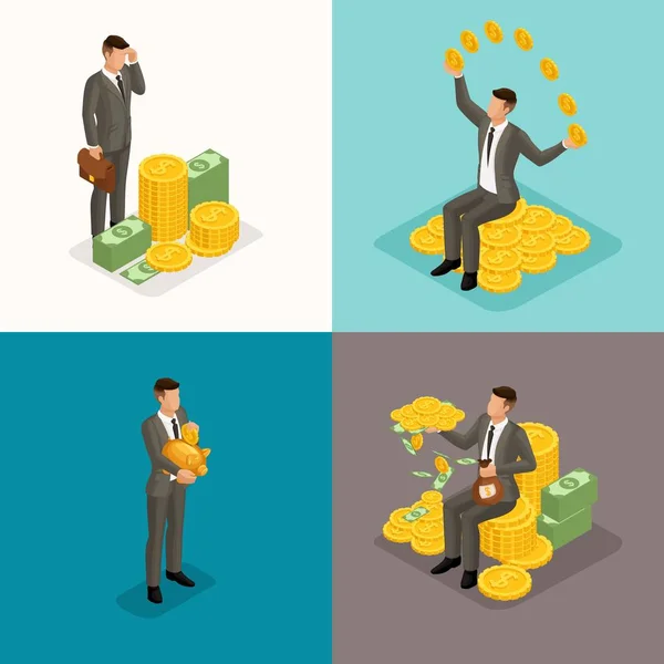 Concepto isométrico de moda, hombre de negocios 3d, hombre de negocios joven, 4 conceptos con dinero, riqueza, beneficio, gestión de dinero, inversión, depósitos aislados — Vector de stock